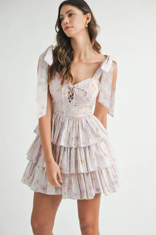 Shoulder tie mini dress with tiered ruffles and floral print for a chic summer look