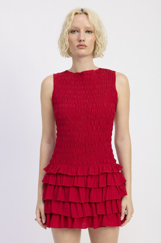 Emory Park Sleeveless Smocked Mini Dress With Ruffle in vibrant red featuring layered ruffles and a fitted bodice