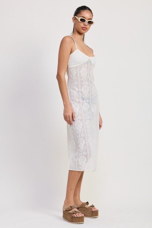 Emory Park white Spaghetti Strap Lace Midi Dress modeled with platform sandals and sunglasses