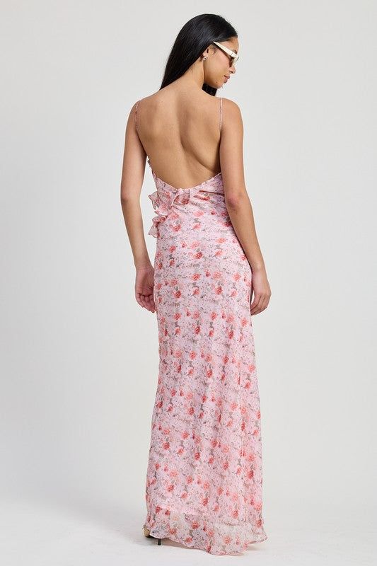 Emory Park spaghetti strap maxi dress with floral pattern and open back design