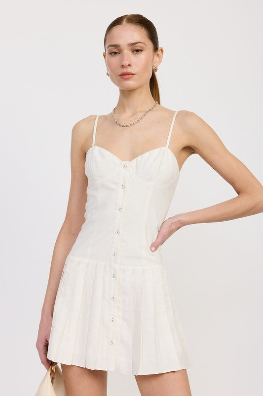 Emory Park Spaghetti Strap Pleated Mini Dress in white with button front detail