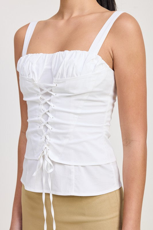 Emory Park white Square Neck Corset Top with lace-up front and wide shoulder straps