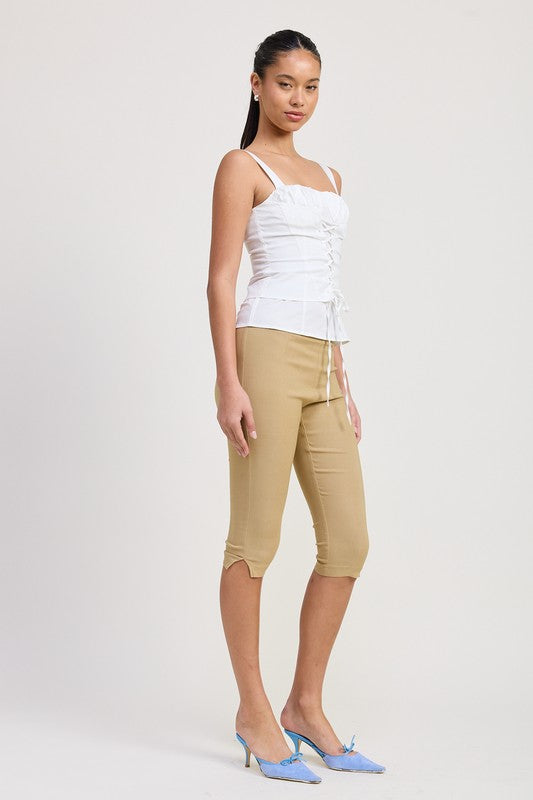 Emory Park white Square Neck Corset Top with ruched front and adjustable straps worn by model