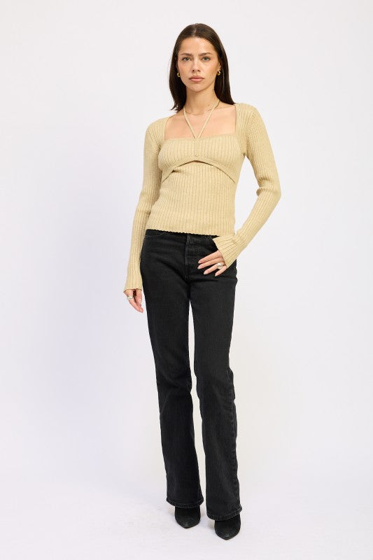 Emory Park Squared Neck Knit Top with Cut Out in beige, styled with black flared jeans
