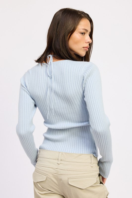 Light blue Emory Park Squared Neck Knit Top with Cut Out featuring a stylish back tie detail