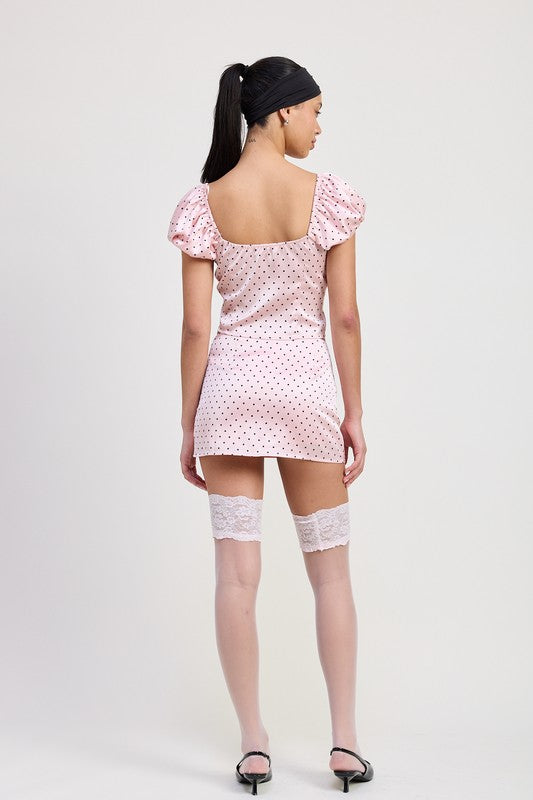 Emory Park Squared Neck Polka Dot Bubble Sleeve Top in pink worn by model shown from back
