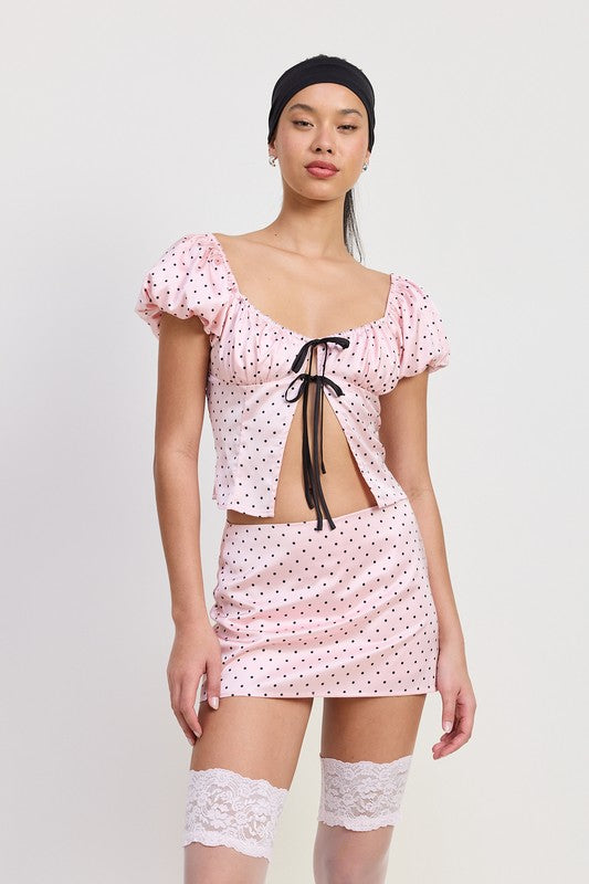 Emory Park Squared Neck Polka Dot Bubble Sleeve Top in light pink with black dots and front tie detail