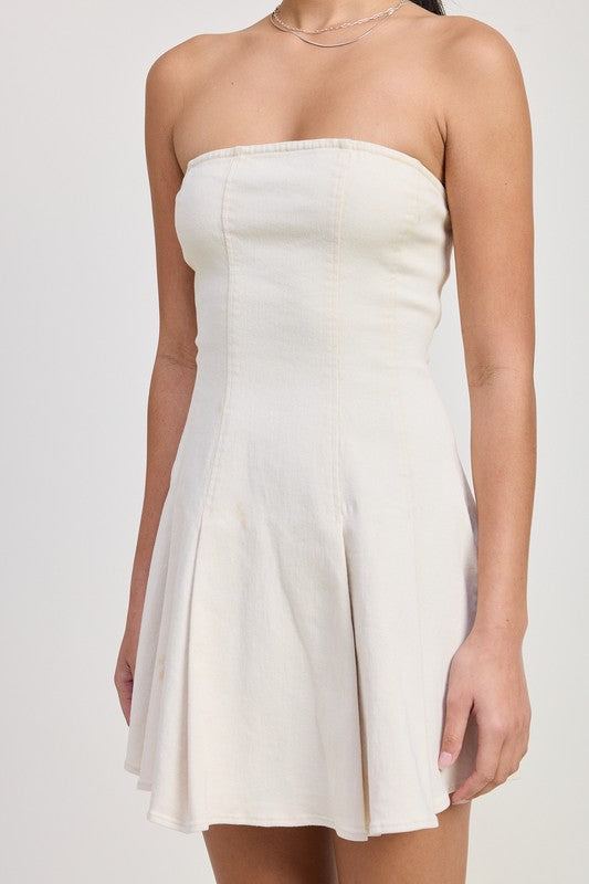Emory Park Strapless Mini Ruffle Dress in light beige with fitted bodice and flared skirt