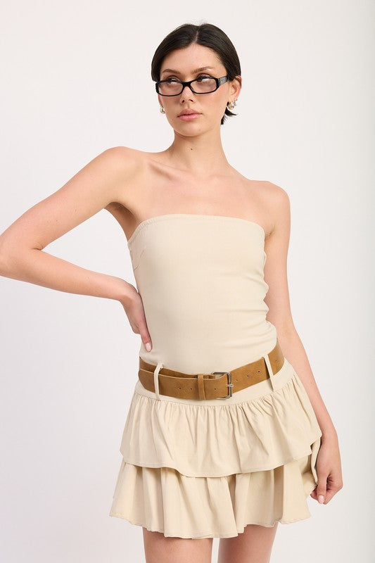 Emory Park Strapless Tiered Mini Dress With Belt in beige modeled with glasses