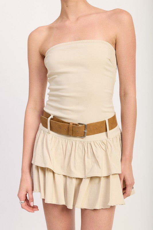 Emory Park strapless tiered mini dress with belt in beige featuring a brown belt and ruffled skirt