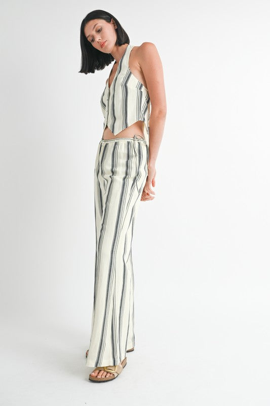 Emory Park striped straight leg pants worn by model with matching sleeveless top
