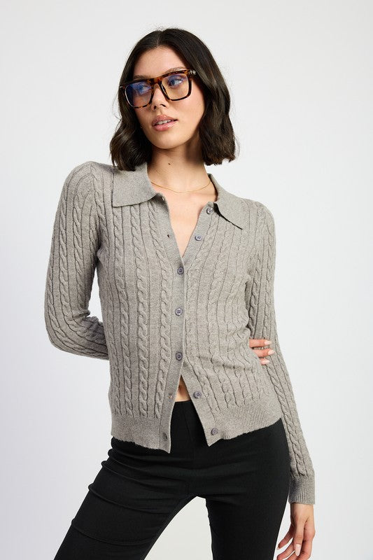 Emory Park Cable Knit Cardigan Top in heather gray collared button front sweater worn by model