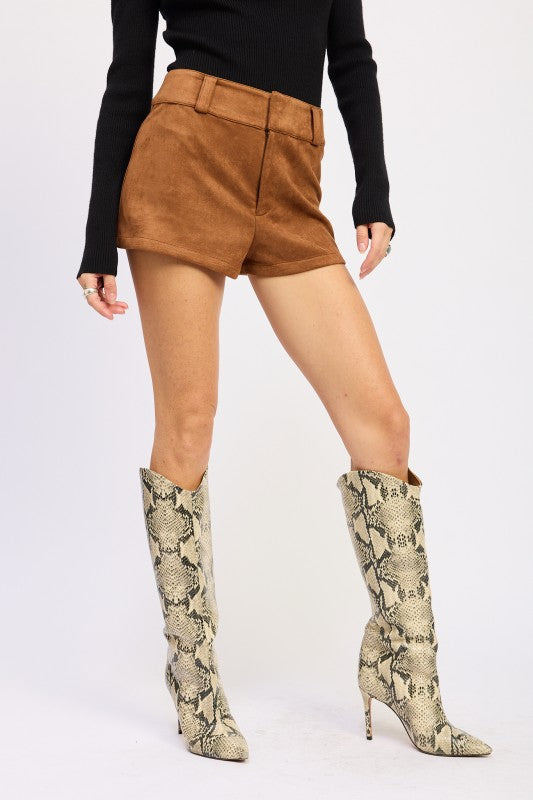 Emory Park Suede Low-Rise Shorts in Brown with a Stylish Fit for Modern Fashion