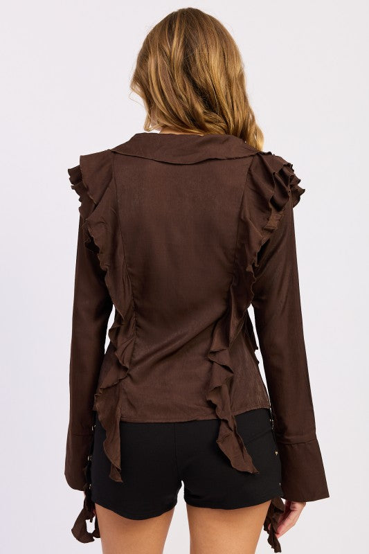Back view of Emory Park Tie Front Ruffled Top in brown with stylish ruffle details and fitted silhouette