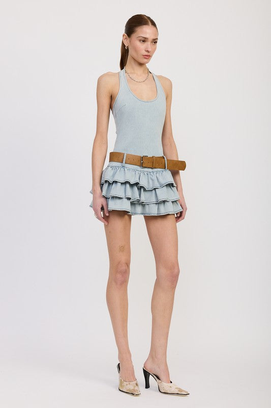 Emory Park tiered mini dress with halter neck and belt in light blue worn with heels