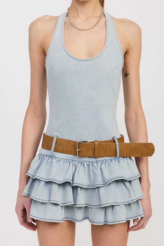 Emory Park tiered mini dress with halter neck and belt in light blue denim fabric