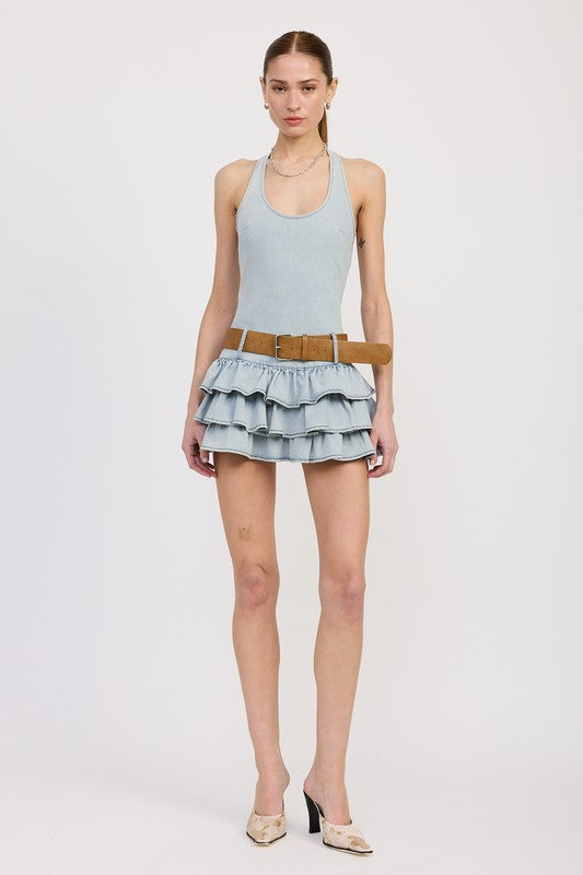 Emory Park Tiered Mini Dress With Halter Neck and Belt in light blue denim style