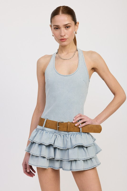 Emory Park Tiered Mini Dress With Halter Neck and Belt in light blue denim with ruffled skirt layers