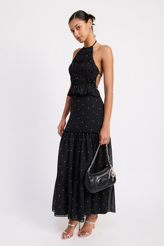 Emory Park black tiered ruffled midi skirt with small white polka dots on model