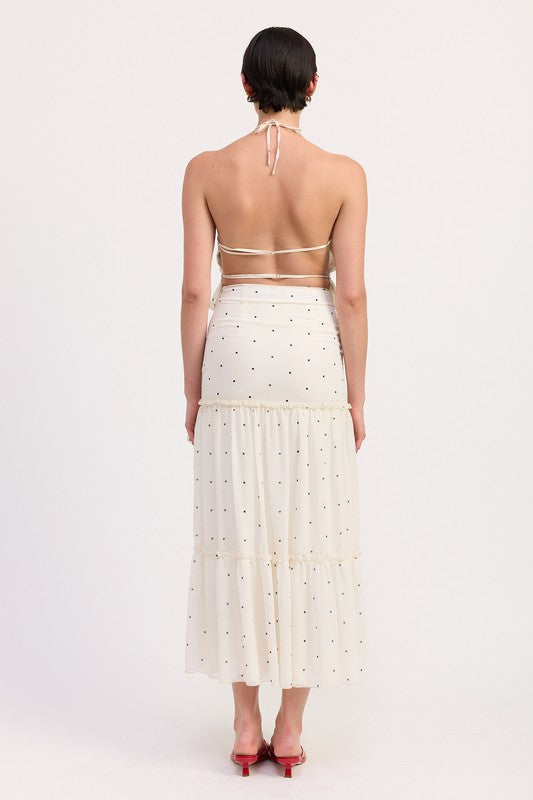 Emory Park Tiered Ruffled Midi Skirt in cream with subtle black polka dots shown from back