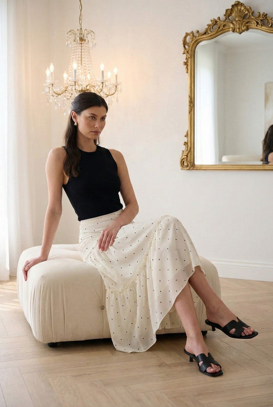 Model wearing Emory Park Tiered Ruffled Midi Skirt in Off White sitting on ottoman in luxury loft with chandelier and decorative gold mirror