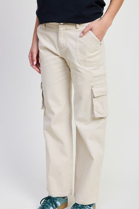 Emory Park Pocket Cargo Pants in beige with wide legs side cargo pockets and front patch pockets