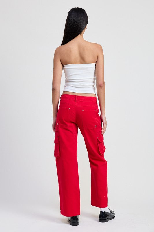 Emory Park Pocket Cargo Pants red straight leg cargo pockets back view model wearing white tube top