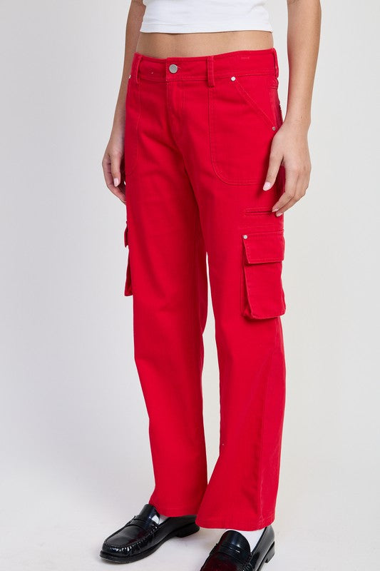 Emory Park red Pocket Cargo Pants with side flap pockets straight leg mid waist styled with white crop top