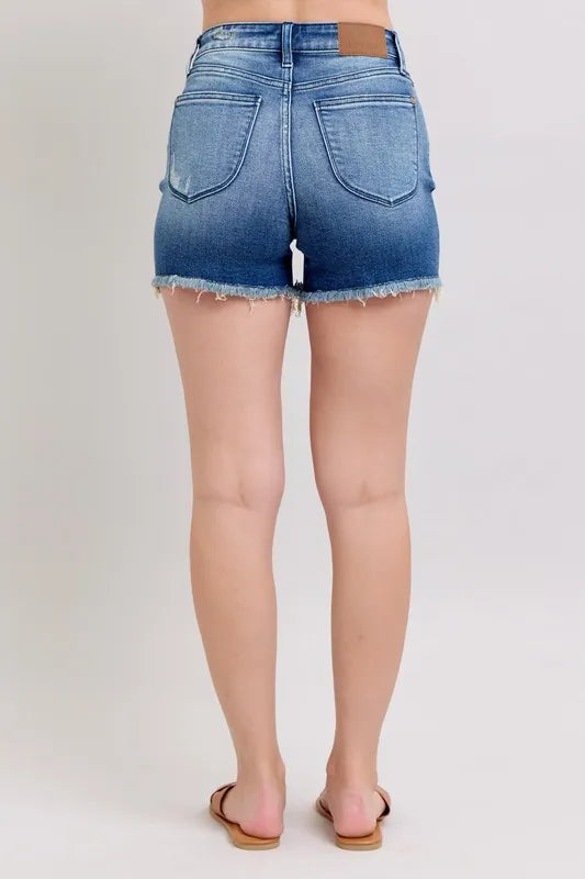 V-Front Denim Shorts with a distressed hem and a comfortable fit for summer wear