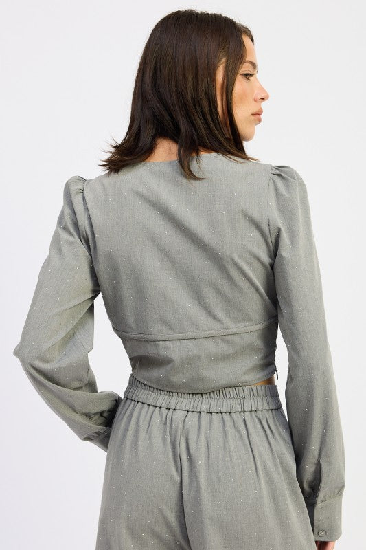 Emory Park V-Neck Cropped Blouse With Rhinestones in Gray with long sleeves and a fitted design