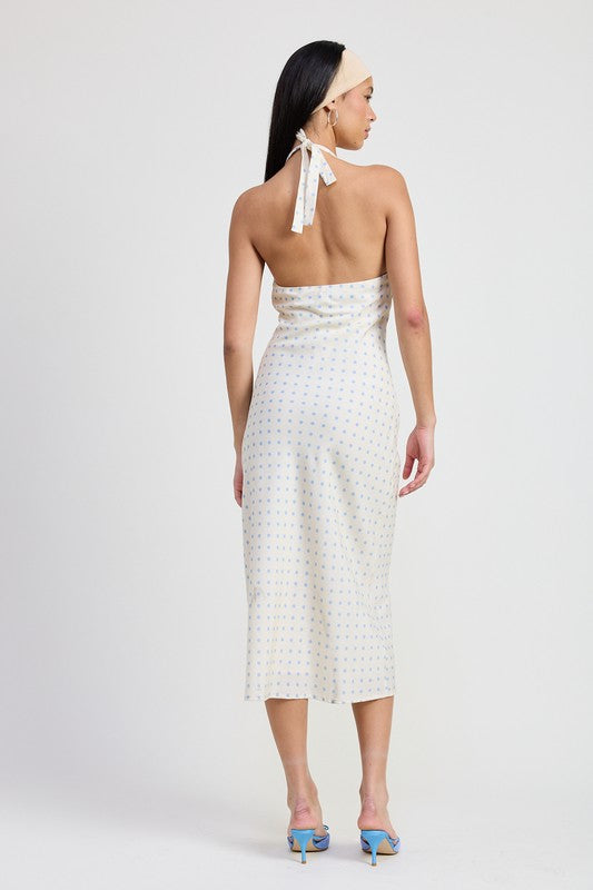 Emory Park V-Neck Maxi Dress With Neck Tie in white with blue polka dots, shown from back on model