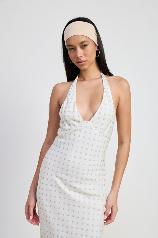 Emory Park V-Neck Maxi Dress With Neck Tie in white with blue polka dots on model