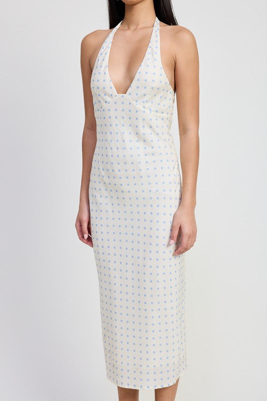 Emory Park V-Neck Maxi Dress With Neck Tie in light fabric with blue polka dot pattern