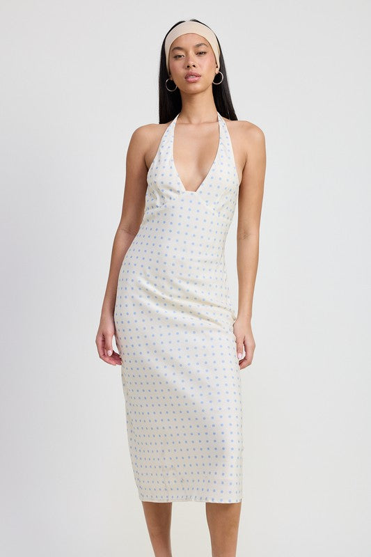 Emory Park V-Neck Maxi Dress With Neck Tie in white with small blue floral print and halter neckline