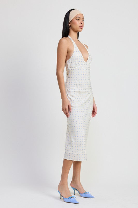 Emory Park V-Neck Maxi Dress With Neck Tie in white with small floral print worn by model