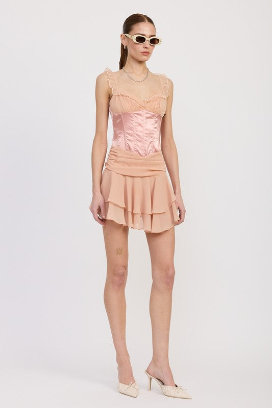 Emory Park Contrasted Mini Corset Dress With Ruffle Detail in soft pink with layered skirt and sheer ruffle sleeves