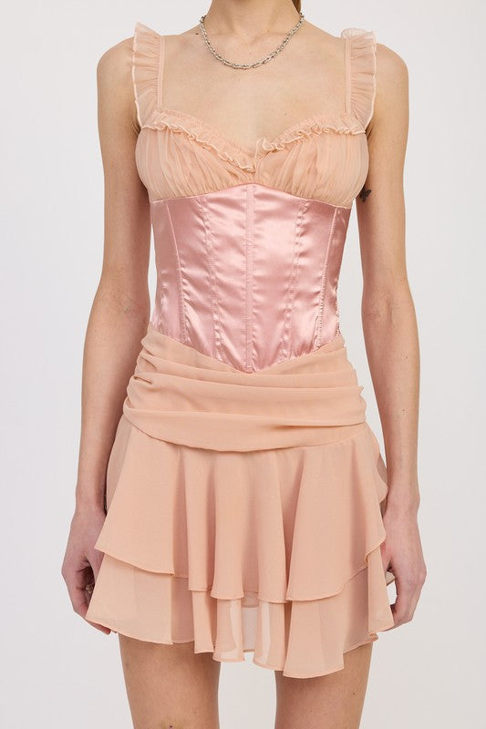 Emory Park Contrasted Mini Corset Dress With Ruffle Detail in soft pink with layered skirt and ruffled straps