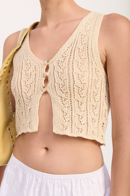 Emory Park Crochet Button Front Vest Top in beige with intricate knit pattern and sleeveless design