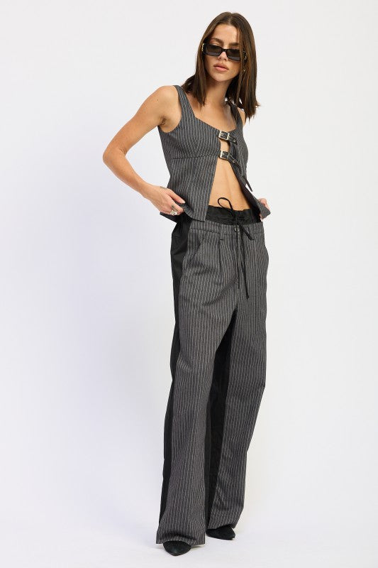 Emory Park Loose Fit Mix Media Pants with Pinstripe Pattern and Side Panels for a Trendy Look