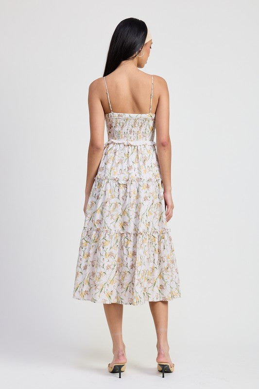 Back view of woman wearing Emory Park Midi Floral Corset Dress with thin straps and tiered skirt