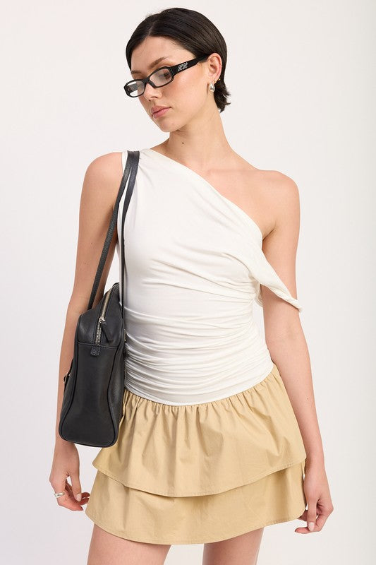 Emory Park white One-Shoulder Ruched Layered Mini Dress with fitted silhouette and stylish ruched detailing