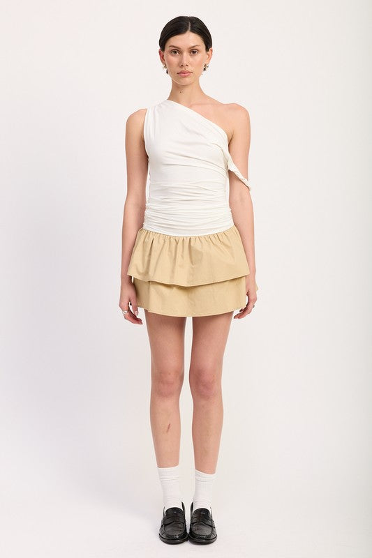Emory Park One-Shoulder Ruched Layered Mini Dress in white with beige tiers and fitted silhouette