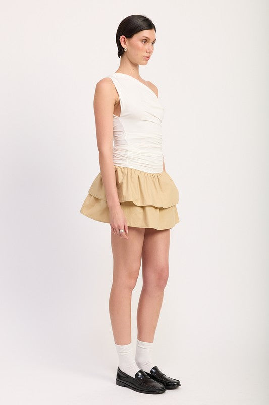 Emory Park One-Shoulder Ruched Layered Mini Dress featuring a white ruched top and tan tiered skirt