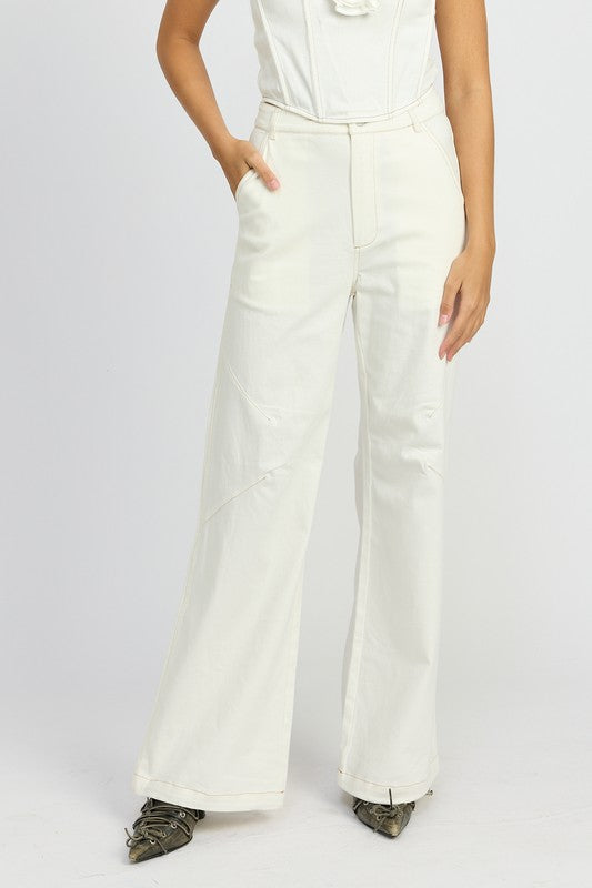 Emory Park high waisted wide leg pants in white with front pockets and relaxed fit