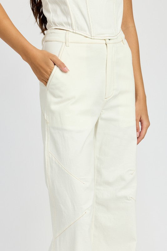 Emory Park high waisted wide leg pants in white with front pockets and seam detailing