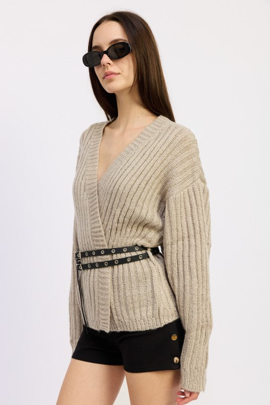 Emory Park Wrapped Cardigan With Belt in beige featuring a textured ribbed design and stylish belt detail