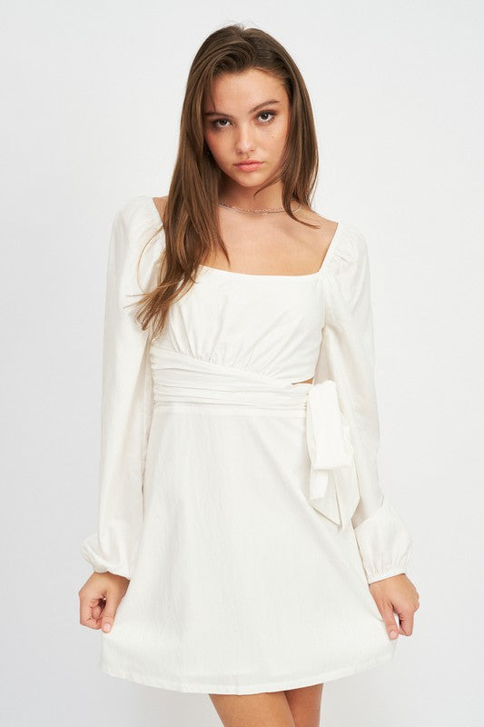Emory Park Long Sleeve Tie Waist Mini Dress in white with square neckline and puffed sleeves