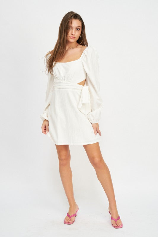 Emory Park white Long Sleeve Tie Waist Mini Dress with square neckline and puff sleeves