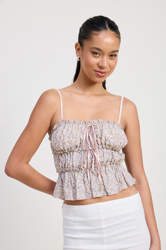Emory Park Floral Tiered Ruffle Top with adjustable straps and pink floral print