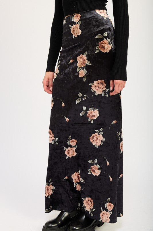 Emory Park High Waist Maxi Pencil Skirt in black velvet with pink floral pattern and fitted silhouette